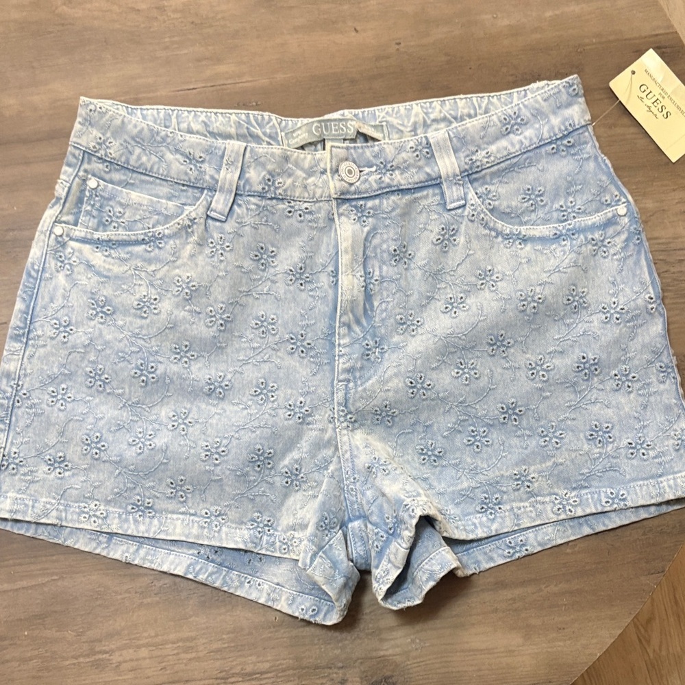 GUESS Light Blue Floral Eyelet Denim Shorts